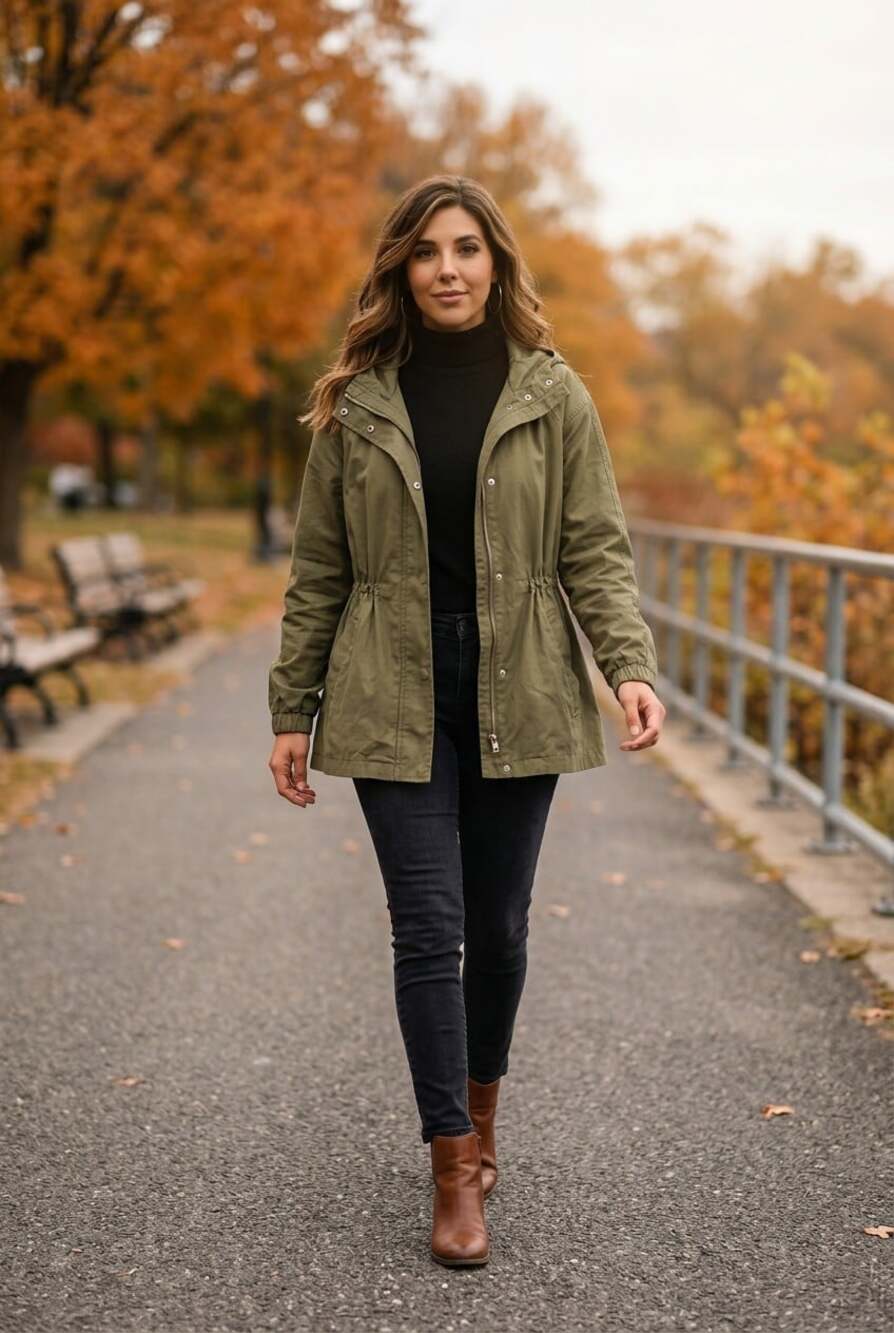Eileen Fisher Olive Green Hooded Utility Jacket Women Lightweight Front Zipper
